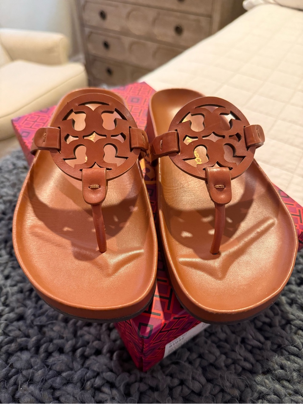 Tory Burch Chestnut Leather Logo Thong Sandals